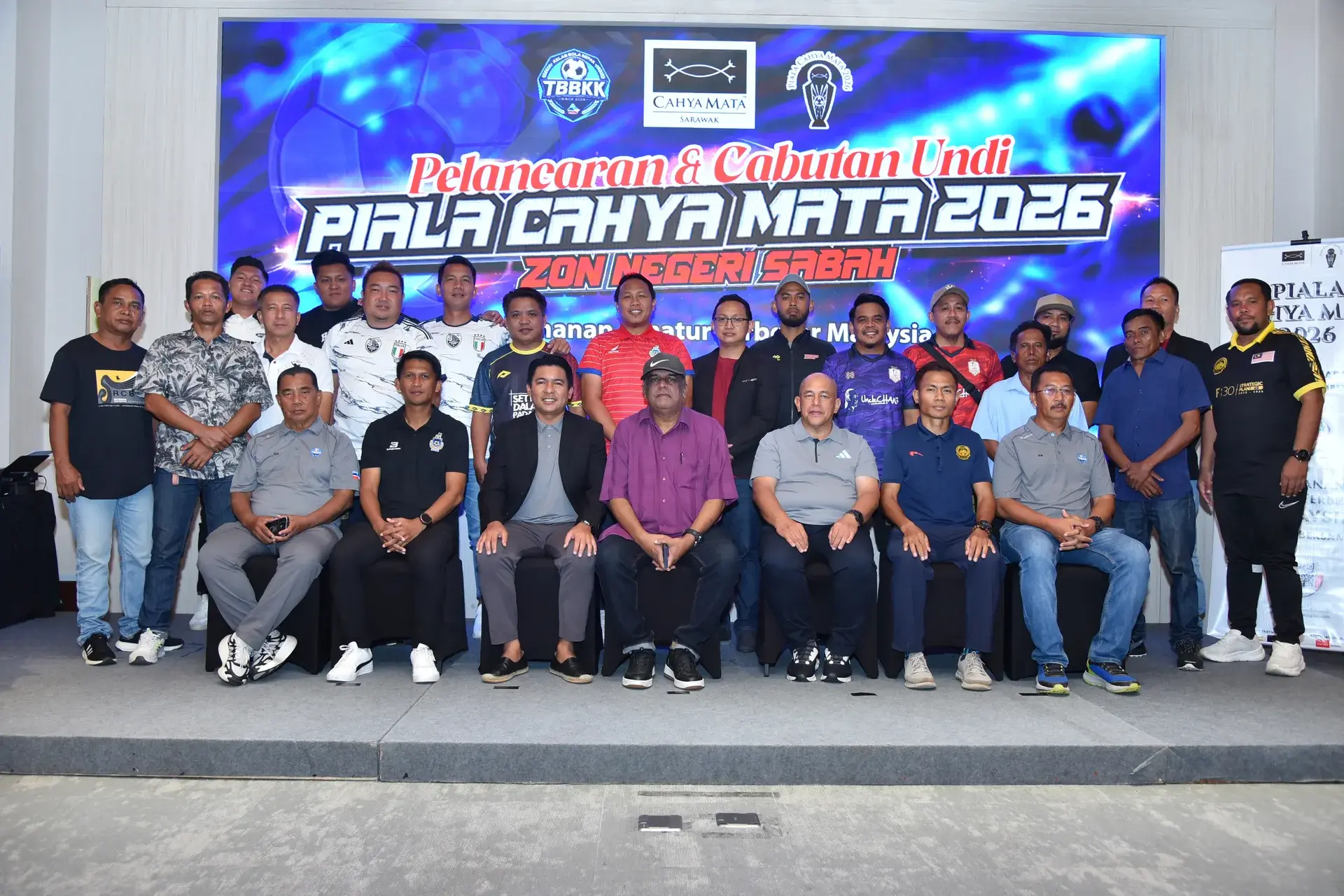 Piala Cahya Mata 2026 launch and draw event backdrop with organiser logos and participating representatives