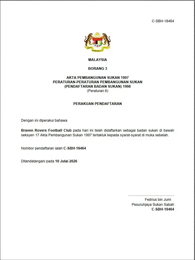 Official certificate of registration for Braven Rovers Football Club