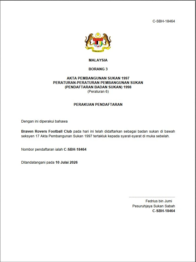 Official certificate of registration for Braven Rovers Football Club